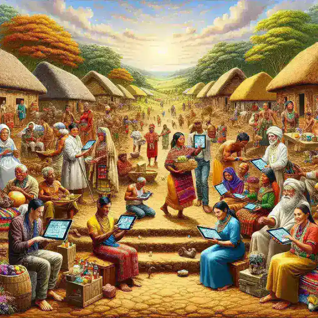 "Image depicting a digital platform interface showcasing the revitalization of the barter system among Indigenous communities, highlighting cultural exchange and sustainable practices."