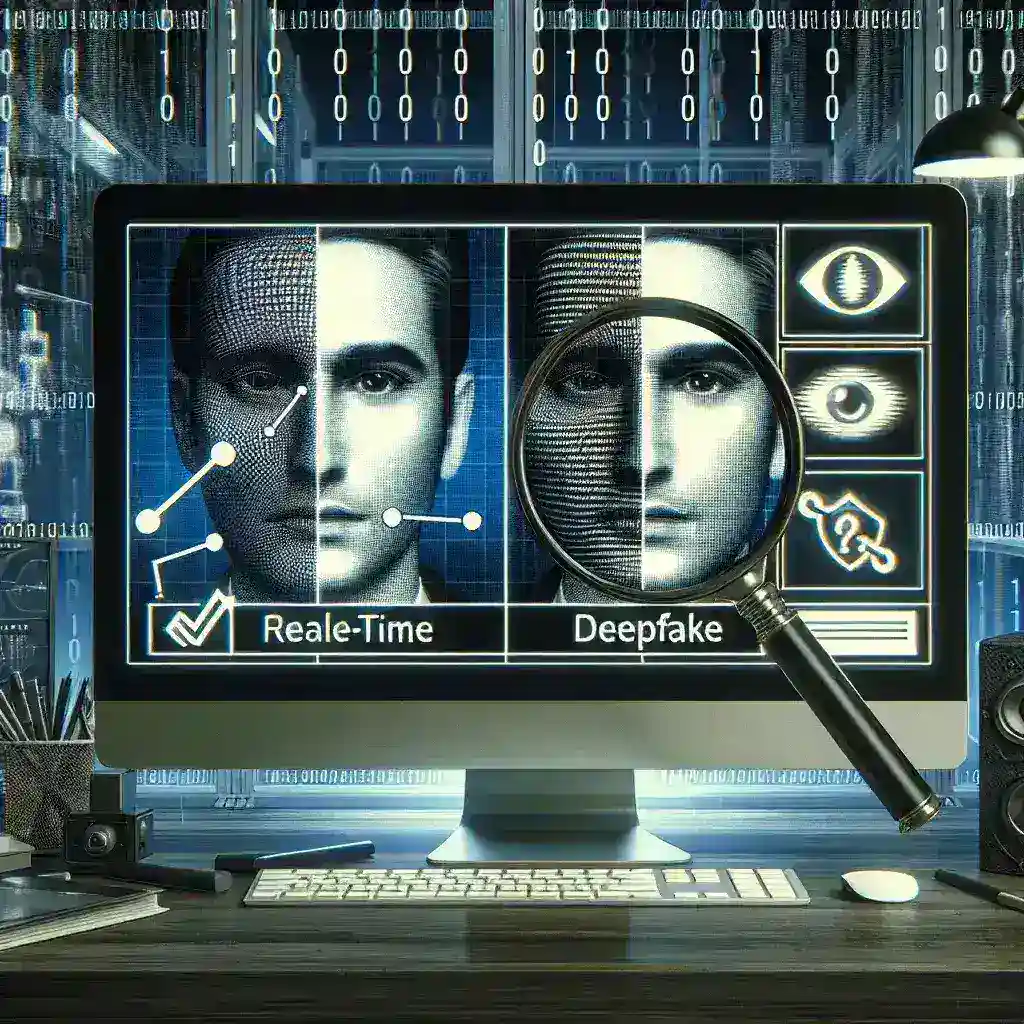 "Imagen de interfaz de herramientas de detección de deepfakes en tiempo real, mostrando análisis de video y resultados de verificación de autenticidad."