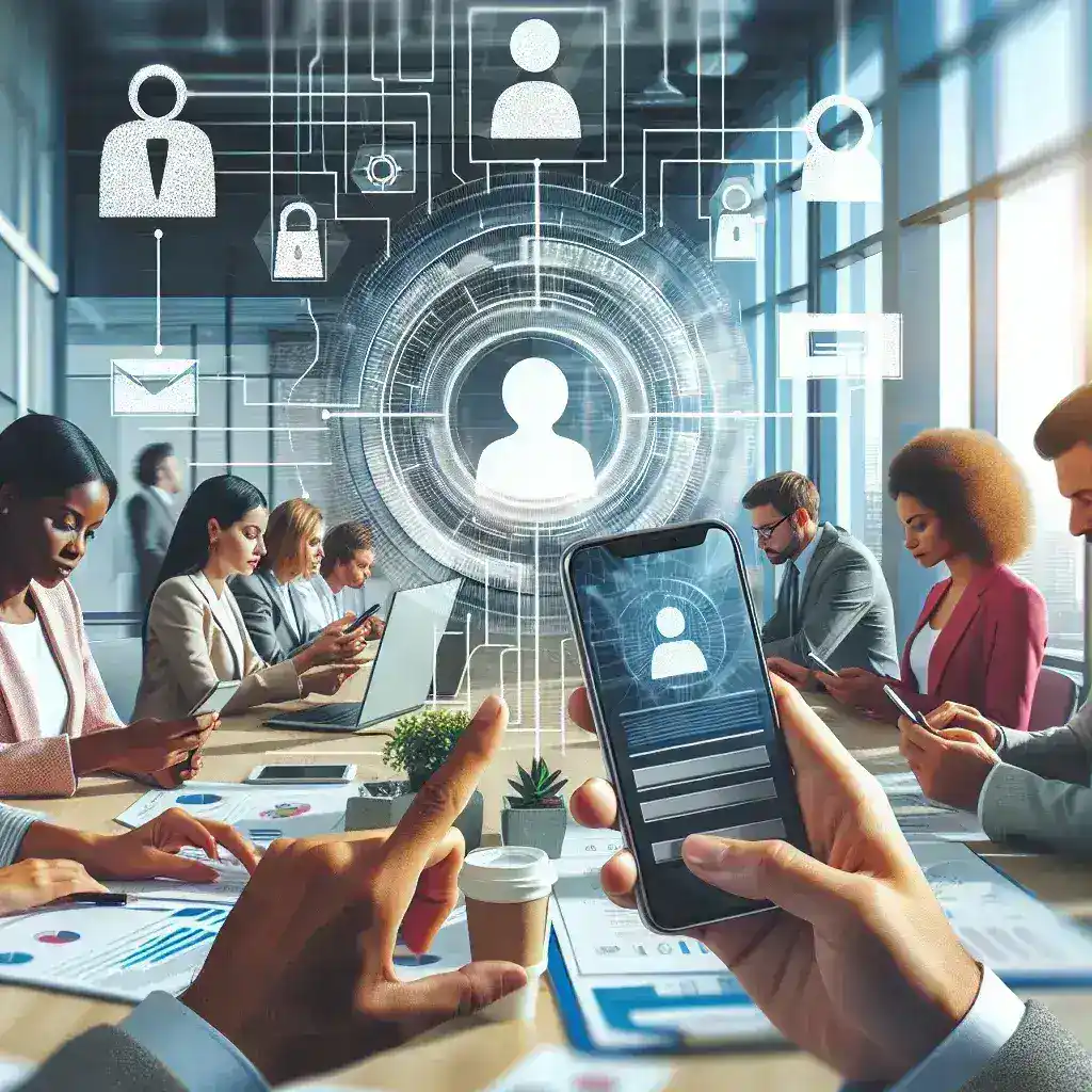 "Graphic illustrating the use of DNIe digital on mobile devices for official procedures, showcasing a smartphone displaying the DNIe app interface and icons representing digital services."