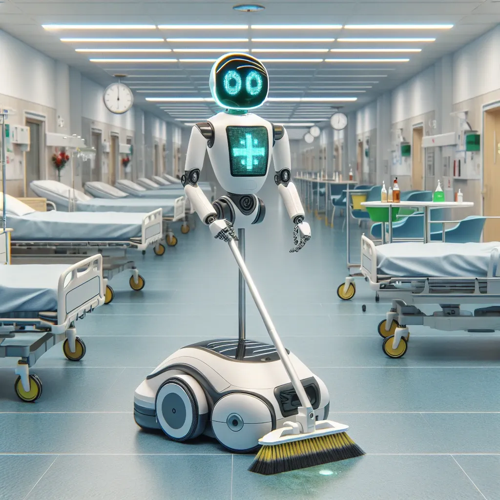 "Robot de limpieza autónomo con inteligencia artificial en un hospital andaluz, optimizando la limpieza y desinfección de instalaciones médicas."