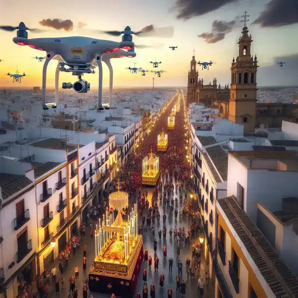 "Drone capturing geolocation data during Semana Santa celebrations in Jerez, showcasing innovative integration of technology in traditional events."
