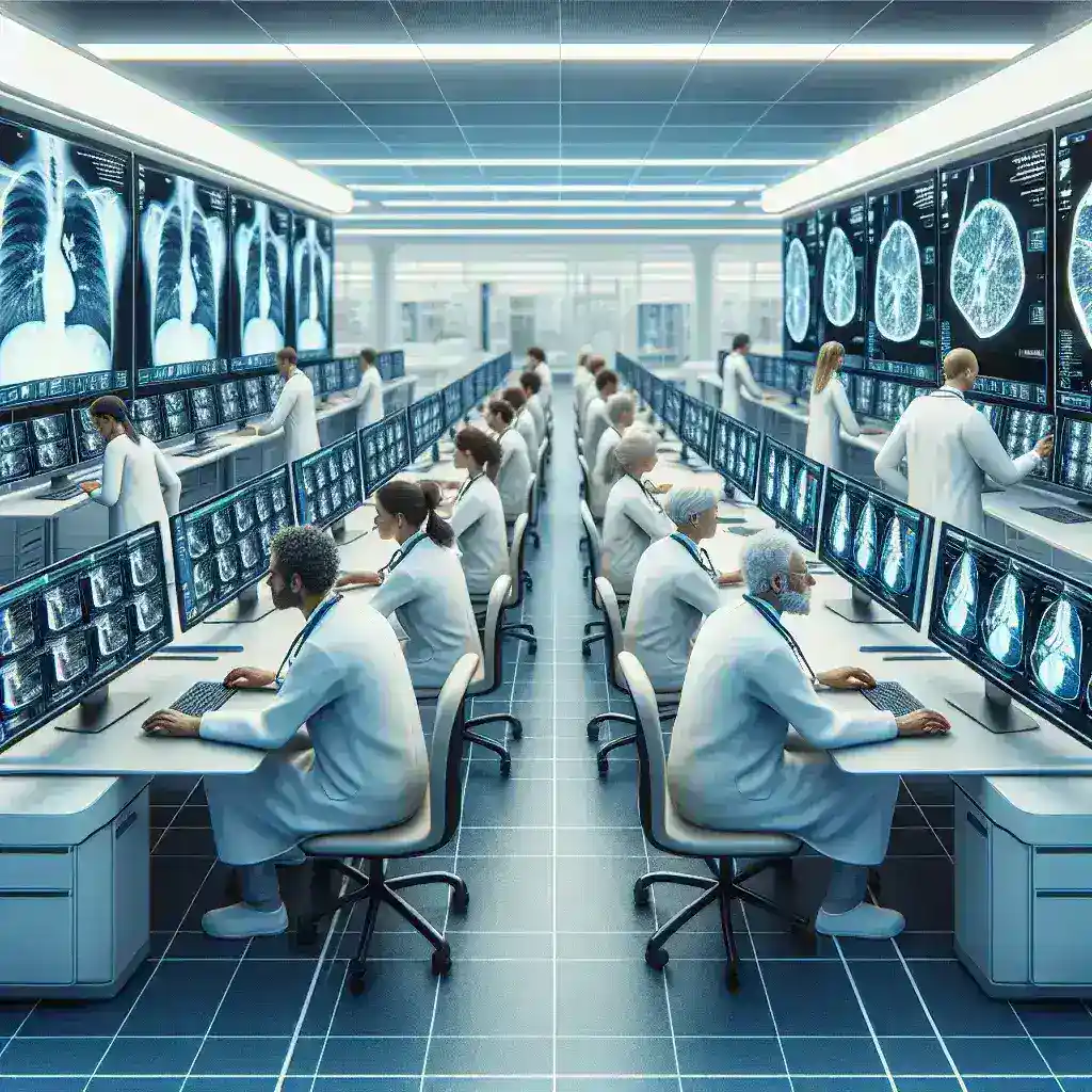 "Médico revisando imágenes médicas en un hospital catalán mientras utiliza algoritmos de inteligencia artificial para el diagnóstico de cáncer de pulmón."